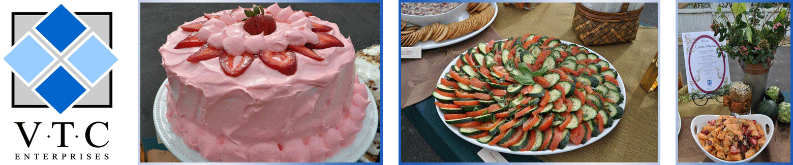 Three pictures of food, pink cake, veggie tray and fruit salad